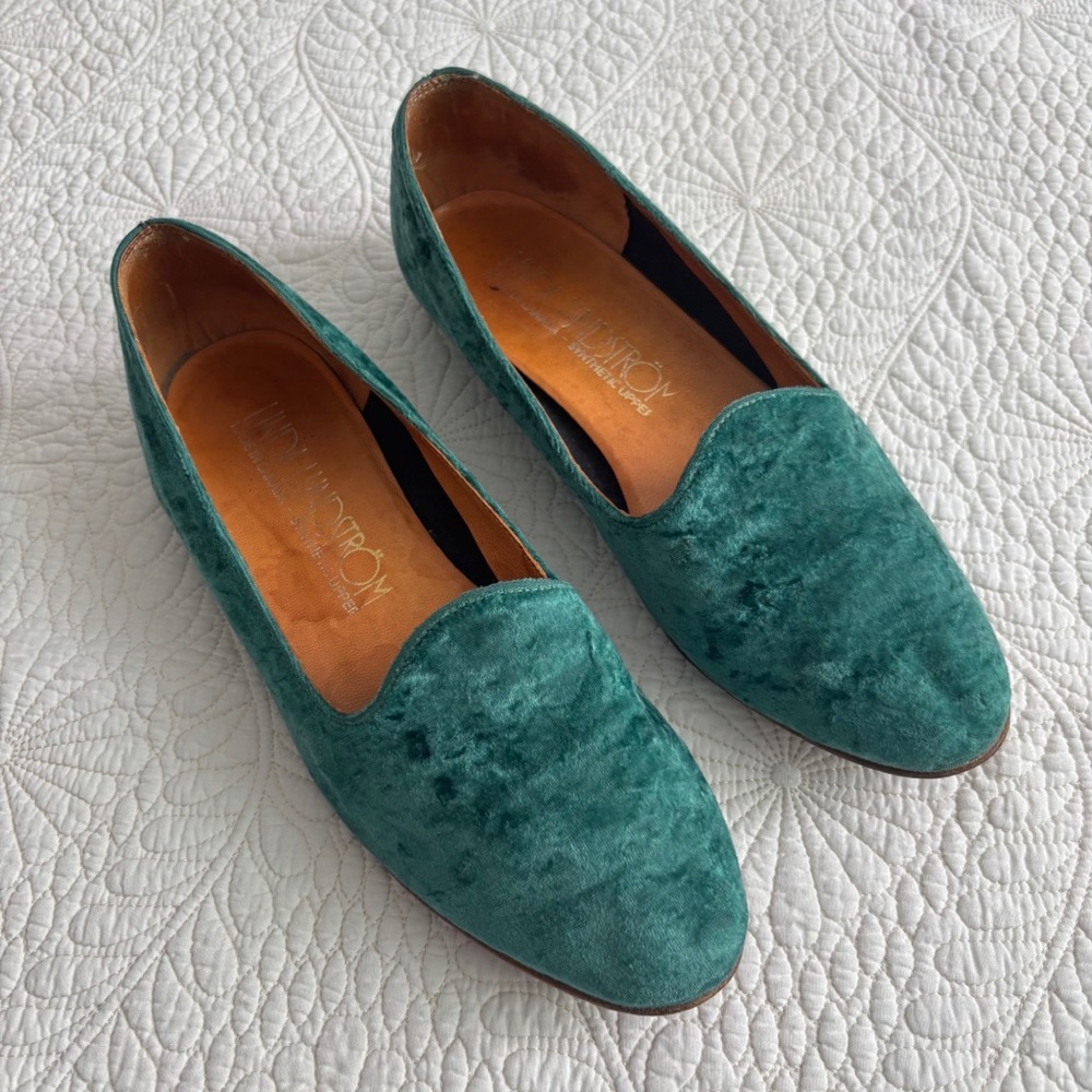 Vintage LINDA LUNDSTRÖM Crushed Blue Green Velvet Slippers Loafers Flats 9